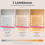 Livingbright - Make Up Spiegel - Hollywood Spiegel met Verlichting 50X40CM - 3 Lichtkleuren - Dimbaar - USB Oplader - Roze