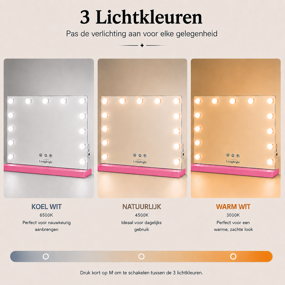 Livingbright - Make Up Spiegel - Hollywood Spiegel met Verlichting 50X40CM - 3 Lichtkleuren - Dimbaar - USB Oplader - Roze