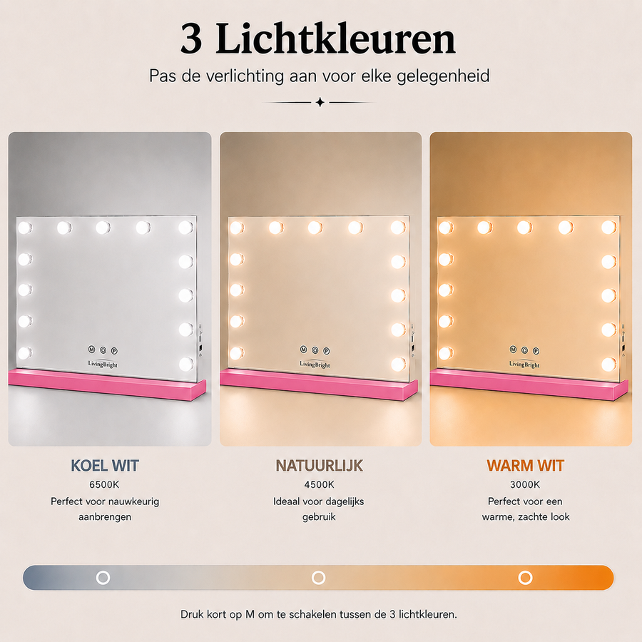 Livingbright - Make Up Spiegel - Hollywood Spiegel met Verlichting 50X40CM - 3 Lichtkleuren - Dimbaar - USB Oplader - Roze