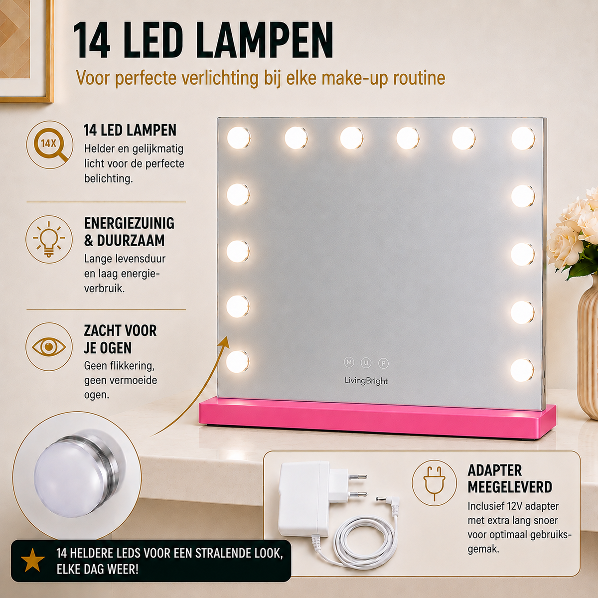 Livingbright - Make Up Spiegel - Hollywood Spiegel met Verlichting 50X40CM - 3 Lichtkleuren - Dimbaar - USB Oplader - Roze