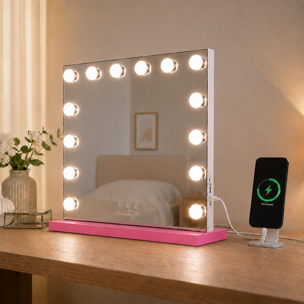 Livingbright - Make Up Spiegel - Hollywood Spiegel met Verlichting 50X40CM - 3 Lichtkleuren - Dimbaar - USB Oplader - Roze