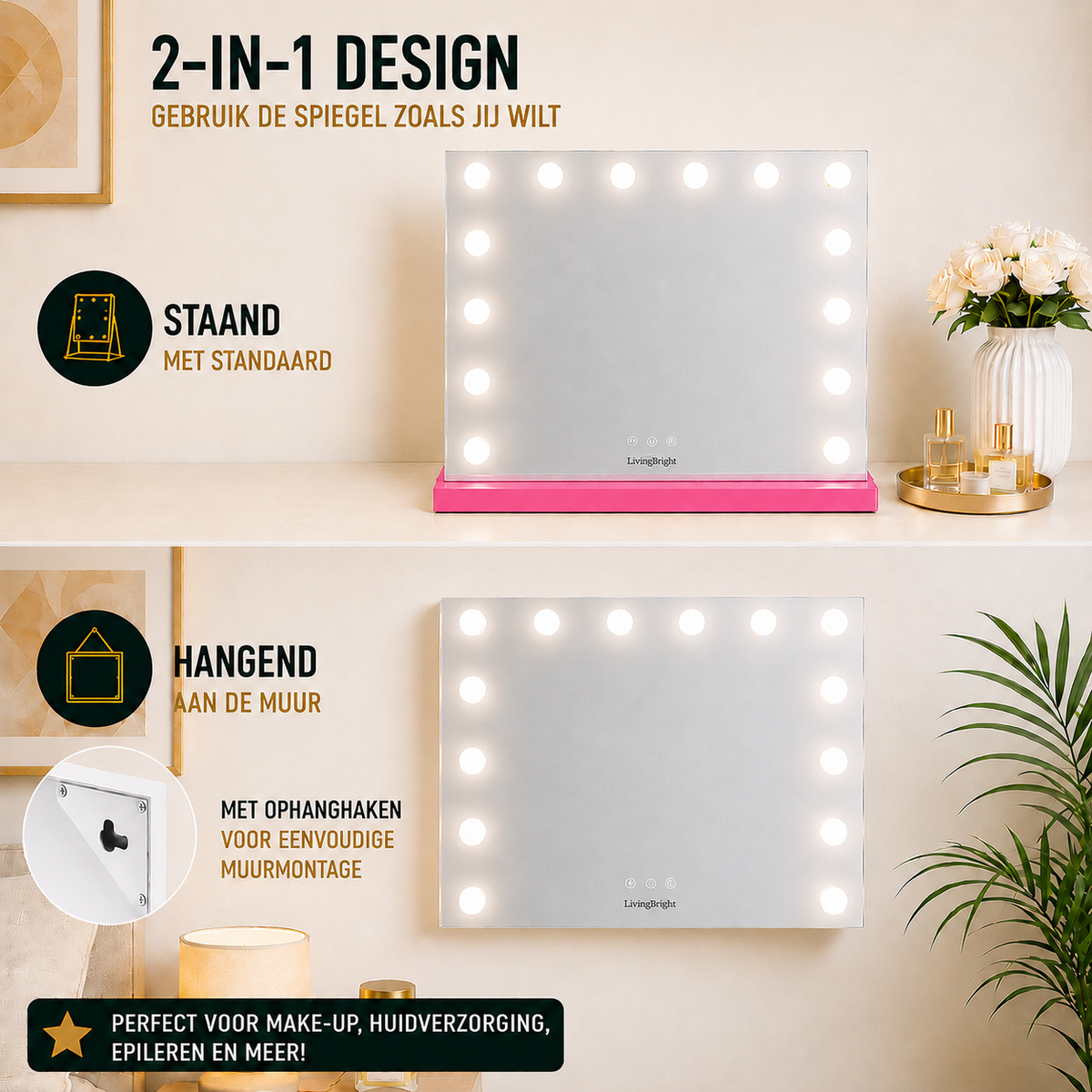 Livingbright - Make Up Spiegel - Hollywood Spiegel met Verlichting 50X40CM - 3 Lichtkleuren - Dimbaar - USB Oplader - Roze
