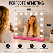 Livingbright - Make Up Spiegel - Hollywood Spiegel met Verlichting 50X40CM - 3 Lichtkleuren - Dimbaar - USB Oplader - Roze