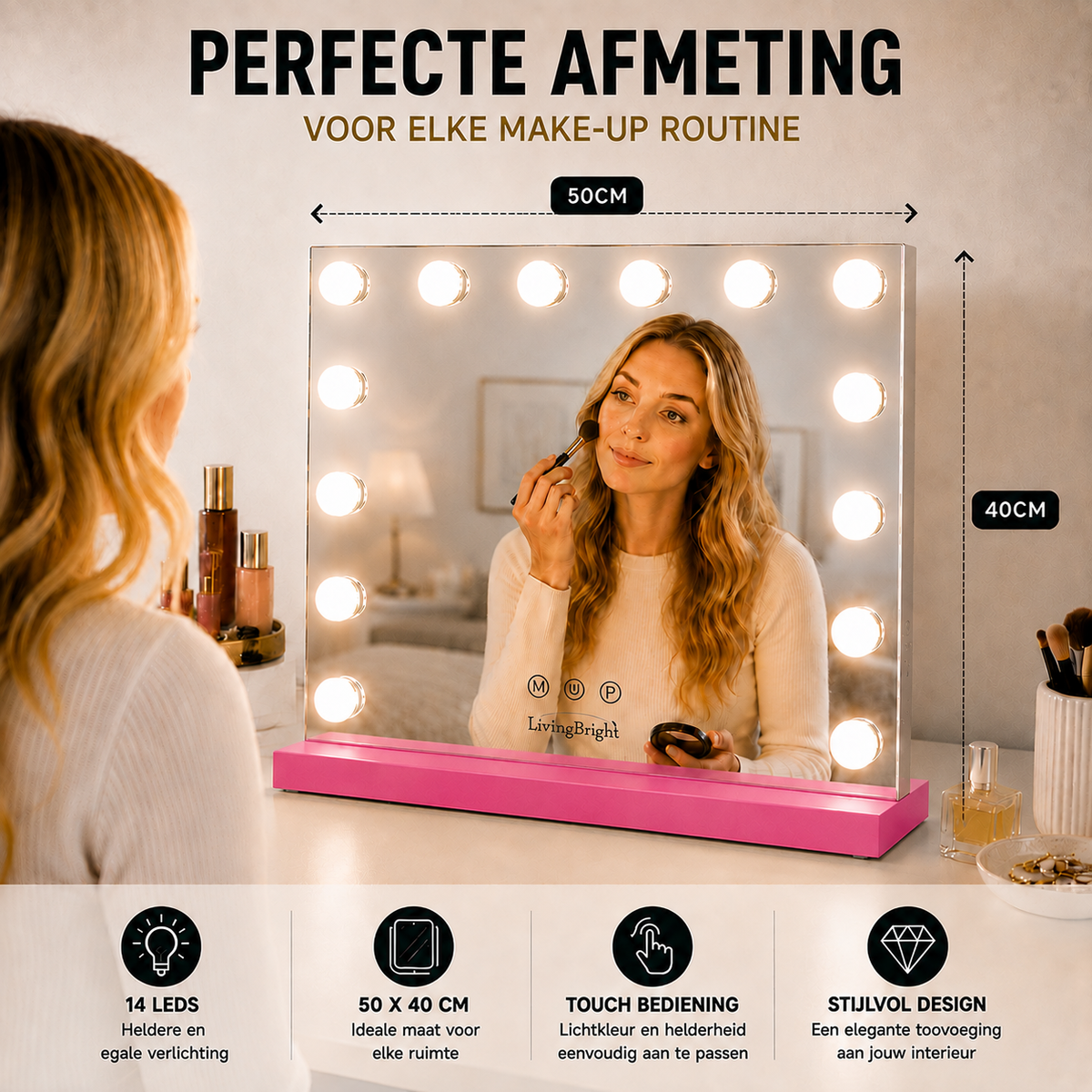 Livingbright - Make Up Spiegel - Hollywood Spiegel met Verlichting 50X40CM - 3 Lichtkleuren - Dimbaar - USB Oplader - Roze
