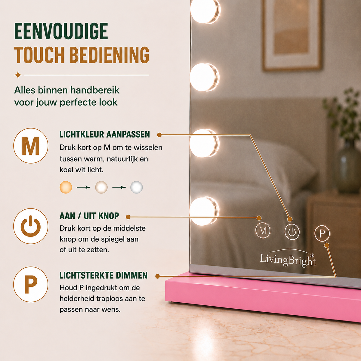 Livingbright - Make Up Spiegel - Hollywood Spiegel met Verlichting 50X40CM - 3 Lichtkleuren - Dimbaar - USB Oplader - Roze