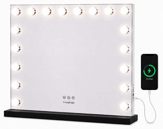 Livingbright - Make Up Spiegel - Hollywood Spiegel met Verlichting 80X60CM - 3 Lichtkleuren - Dimbaar - USB Oplader - Zwart - afbeelding 1
