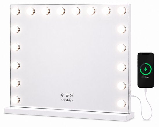 Livingbright - Make Up Spiegel - Hollywood Spiegel met Verlichting 80X60CM - 3 Lichtkleuren - Dimbaar - USB Oplader - Wit - afbeelding 1