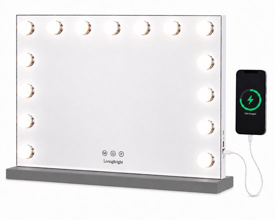 Livingbright - Make Up Spiegel - Hollywood Spiegel met Verlichting 58X46CM - 3 Lichtkleuren - Dimbaar - USB Oplader - Grijs - afbeelding 1