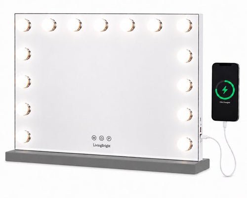 Livingbright - Make Up Spiegel - Hollywood Spiegel met Verlichting 58X46CM - 3 Lichtkleuren - Dimbaar - USB Oplader - Grijs - afbeelding 1