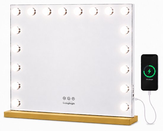 Livingbright - Make Up Spiegel - Hollywood Spiegel met Verlichting 80X60CM - 3 Lichtkleuren - Dimbaar - USB Oplader - Goud - afbeelding 1