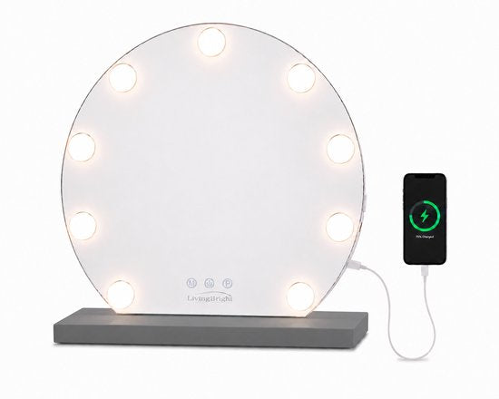 Livingbright - Make Up Spiegel Rond - Hollywood Spiegel met Verlichting 40X47CM - 3 Lichtkleuren - Dimbaar - USB Oplader - Grijs - afbeelding 1