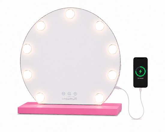 Livingbright - Make Up Spiegel Rond - Hollywood Spiegel met Verlichting 40X47CM - 3 Lichtkleuren - Dimbaar - USB Oplader - Roze - afbeelding 1