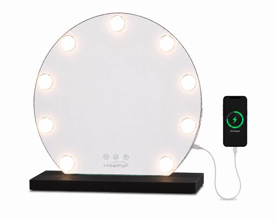 Livingbright - Make Up Spiegel Rond - Hollywood Spiegel met Verlichting 40X47CM - 3 Lichtkleuren - Dimbaar - USB Oplader - Zwart - afbeelding 1