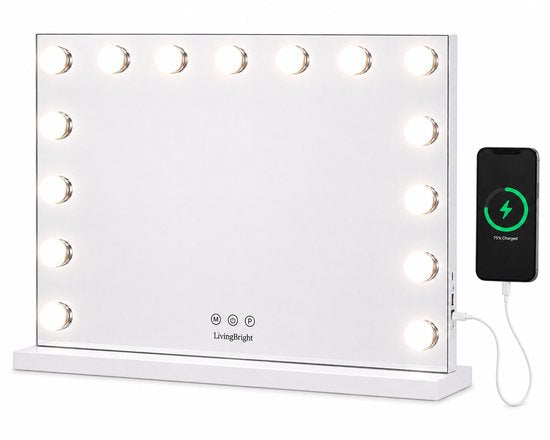Livingbright - Make Up Spiegel - Hollywood Spiegel met Verlichting 58X46CM - 3 Lichtkleuren - Dimbaar - USB Oplader - Wit - afbeelding 1