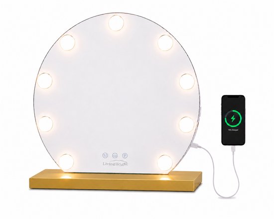 Livingbright - Make Up Spiegel Rond - Hollywood Spiegel met Verlichting 40X47CM - 3 Lichtkleuren - Dimbaar - USB Oplader - Goud - afbeelding 1