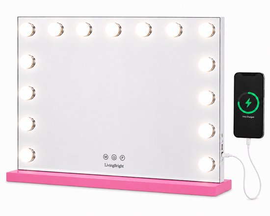Livingbright - Make Up Spiegel - Hollywood Spiegel met Verlichting 58X46CM - 3 Lichtkleuren - Dimbaar - USB Oplader - Roze - afbeelding 1