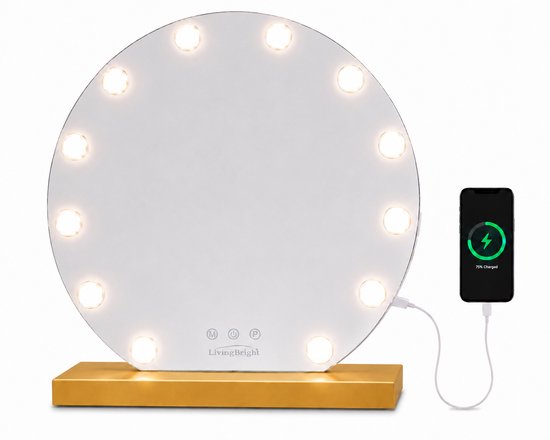 Livingbright - Make Up Spiegel Rond - Hollywood Spiegel met Verlichting 50X55CM - 3 Lichtkleuren - Dimbaar - USB Oplader - Goud - afbeelding 1