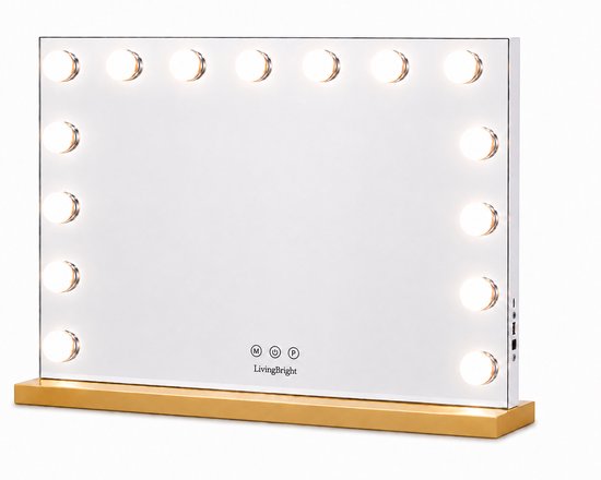Livingbright - Make Up Spiegel - Hollywood Spiegel met Verlichting 58X46CM - 3 Lichtkleuren - Dimbaar - USB Oplader - Goud - afbeelding 2