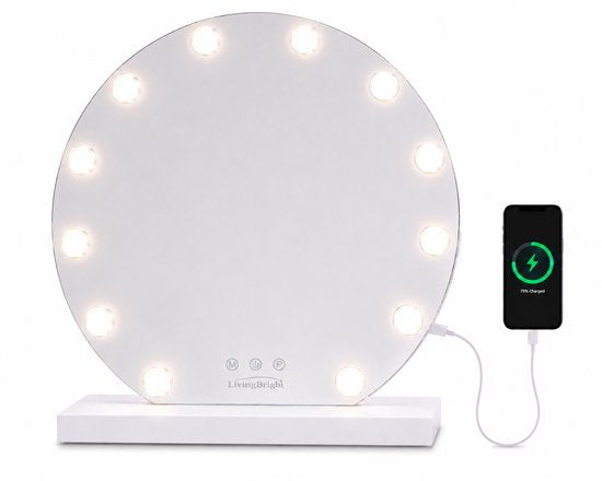 Livingbright - Make Up Spiegel Rond - Hollywood Spiegel met Verlichting 50X55CM - 3 Lichtkleuren - Dimbaar - USB Oplader - Wit - afbeelding 1