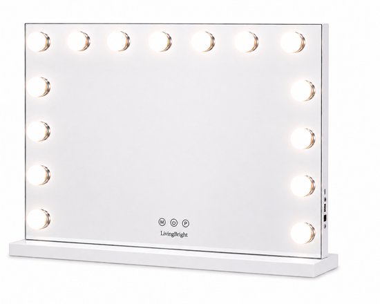 Livingbright - Make Up Spiegel - Hollywood Spiegel met Verlichting 58X46CM - 3 Lichtkleuren - Dimbaar - USB Oplader - Wit - afbeelding 2