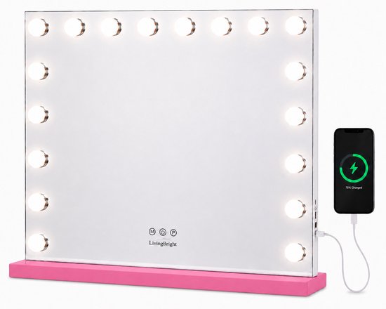 Livingbright - Make Up Spiegel - Hollywood Spiegel met Verlichting 80X60CM - 3 Lichtkleuren - Dimbaar - USB Oplader - Roze - afbeelding 1