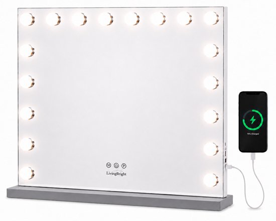 Livingbright - Make Up Spiegel - Hollywood Spiegel met Verlichting 80X60CM - 3 Lichtkleuren - Dimbaar - USB Oplader - Grijs - afbeelding 1