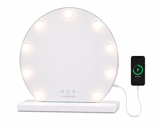 Livingbright - Make Up Spiegel Rond - Hollywood Spiegel met Verlichting 40X47CM - 3 Lichtkleuren - Dimbaar - USB Oplader - Wit - afbeelding 1