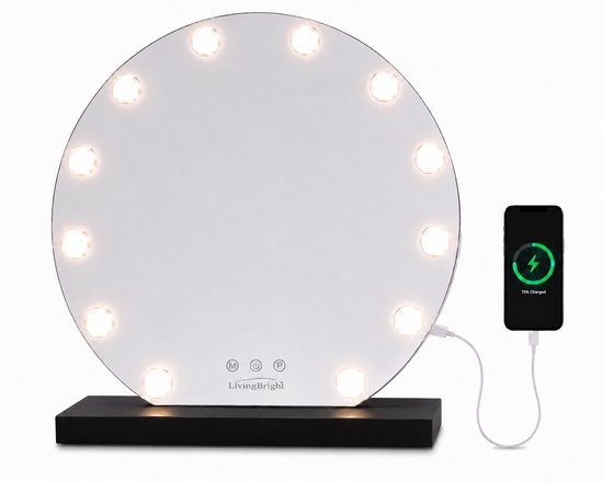 Livingbright - Make Up Spiegel Rond - Hollywood Spiegel met Verlichting 50X55CM - 3 Lichtkleuren - Dimbaar - USB Oplader - Zwart - afbeelding 1