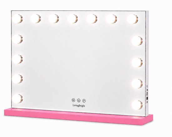 Livingbright - Make Up Spiegel - Hollywood Spiegel met Verlichting 58X46CM - 3 Lichtkleuren - Dimbaar - USB Oplader - Roze - afbeelding 2