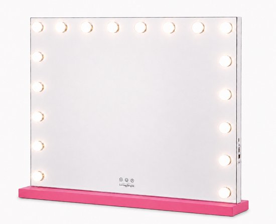 Livingbright - Make Up Spiegel - Hollywood Spiegel met Verlichting 80X60CM - 3 Lichtkleuren - Dimbaar - USB Oplader - Roze - afbeelding 10