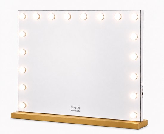Livingbright - Make Up Spiegel - Hollywood Spiegel met Verlichting 80X60CM - 3 Lichtkleuren - Dimbaar - USB Oplader - Goud - afbeelding 10