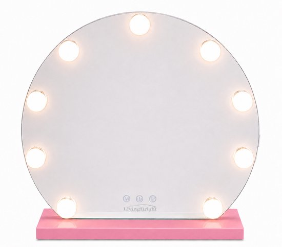 Livingbright - Make Up Spiegel Rond - Hollywood Spiegel met Verlichting 40X47CM - 3 Lichtkleuren - Dimbaar - USB Oplader - Roze - afbeelding 2