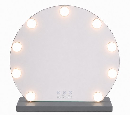 Livingbright - Make Up Spiegel Rond - Hollywood Spiegel met Verlichting 40X47CM - 3 Lichtkleuren - Dimbaar - USB Oplader - Grijs - afbeelding 2
