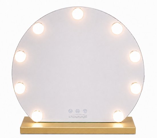 Livingbright - Make Up Spiegel Rond - Hollywood Spiegel met Verlichting 40X47CM - 3 Lichtkleuren - Dimbaar - USB Oplader - Goud - afbeelding 2