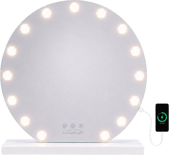 Livingbright - Make Up Spiegel Rond - Hollywood Spiegel met Verlichting 60X66CM - 3 Lichtkleuren - Dimbaar - USB Oplader - Wit - afbeelding 1