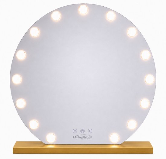 Livingbright - Make Up Spiegel Rond - Hollywood Spiegel met Verlichting 60X66CM - 3 Lichtkleuren - Dimbaar - USB Oplader - Goud - afbeelding 10