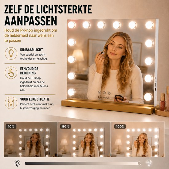 Livingbright - Make Up Spiegel - Hollywood Spiegel met Verlichting 50X40CM - 3 Lichtkleuren - Dimbaar - USB Oplader - Goud - afbeelding 14