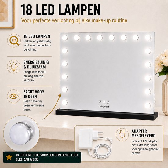 Livingbright - Make Up Spiegel - Hollywood Spiegel met Verlichting 80X60CM - 3 Lichtkleuren - Dimbaar - USB Oplader - Zwart - afbeelding 2
