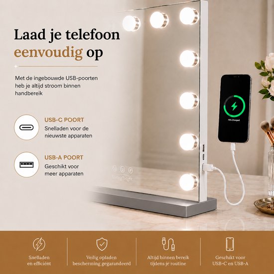 Livingbright - Make Up Spiegel - Hollywood Spiegel met Verlichting 80X60CM - 3 Lichtkleuren - Dimbaar - USB Oplader - Grijs - afbeelding 3