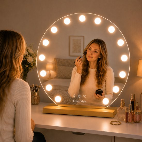 Livingbright - Make Up Spiegel Rond - Hollywood Spiegel met Verlichting 60X66CM - 3 Lichtkleuren - Dimbaar - USB Oplader - Goud - afbeelding 7