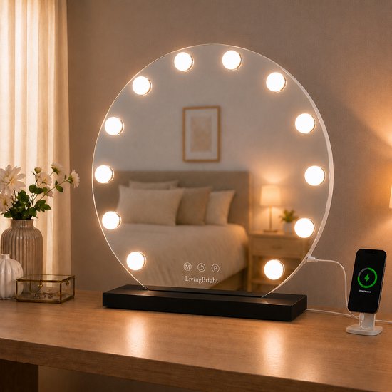 Livingbright - Make Up Spiegel Rond - Hollywood Spiegel met Verlichting 50X55CM - 3 Lichtkleuren - Dimbaar - USB Oplader - Zwart - afbeelding 7