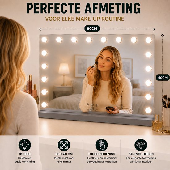 Livingbright - Make Up Spiegel - Hollywood Spiegel met Verlichting 80X60CM - 3 Lichtkleuren - Dimbaar - USB Oplader - Grijs - afbeelding 9