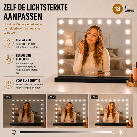 Livingbright - Make Up Spiegel - Hollywood Spiegel met Verlichting 80X60CM - 3 Lichtkleuren - Dimbaar - USB Oplader - Zwart - afbeelding 4
