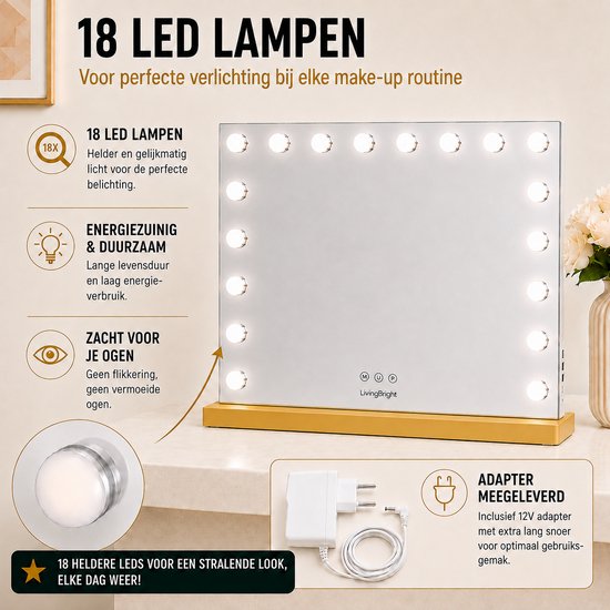 Livingbright - Make Up Spiegel - Hollywood Spiegel met Verlichting 80X60CM - 3 Lichtkleuren - Dimbaar - USB Oplader - Goud - afbeelding 6