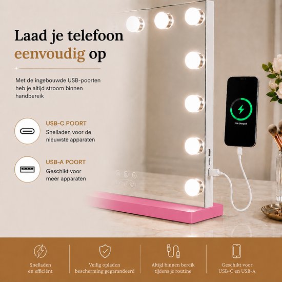 Livingbright - Make Up Spiegel - Hollywood Spiegel met Verlichting 80X60CM - 3 Lichtkleuren - Dimbaar - USB Oplader - Roze - afbeelding 2