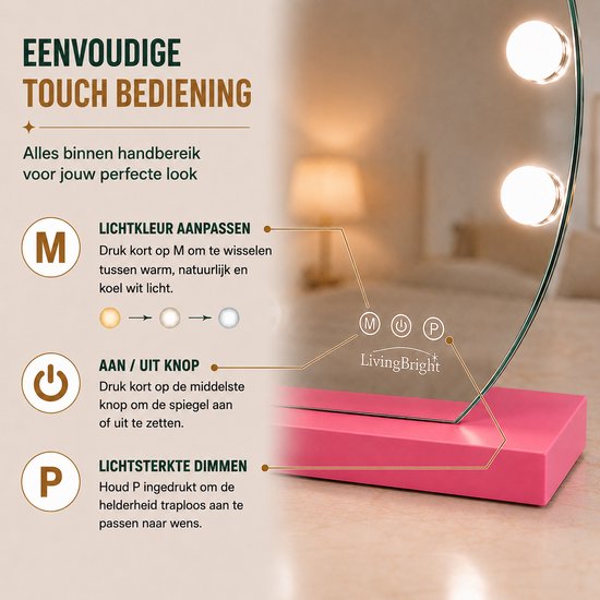 Livingbright - Make Up Spiegel Rond - Hollywood Spiegel met Verlichting 60X66CM - 3 Lichtkleuren - Dimbaar - USB Oplader - Roze - afbeelding 4