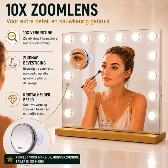 Livingbright - Make Up Spiegel - Hollywood Spiegel met Verlichting 50X40CM - 3 Lichtkleuren - Dimbaar - USB Oplader - Goud - afbeelding 2