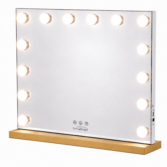 Livingbright - Make Up Spiegel - Hollywood Spiegel met Verlichting 50X40CM - 3 Lichtkleuren - Dimbaar - USB Oplader - Goud - afbeelding 11