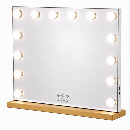 Livingbright - Make Up Spiegel - Hollywood Spiegel met Verlichting 50X40CM - 3 Lichtkleuren - Dimbaar - USB Oplader - Goud - afbeelding 11