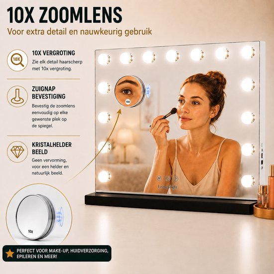 Livingbright - Make Up Spiegel - Hollywood Spiegel met Verlichting 58X46CM - 3 Lichtkleuren - Dimbaar - USB Oplader - Zwart - afbeelding 12